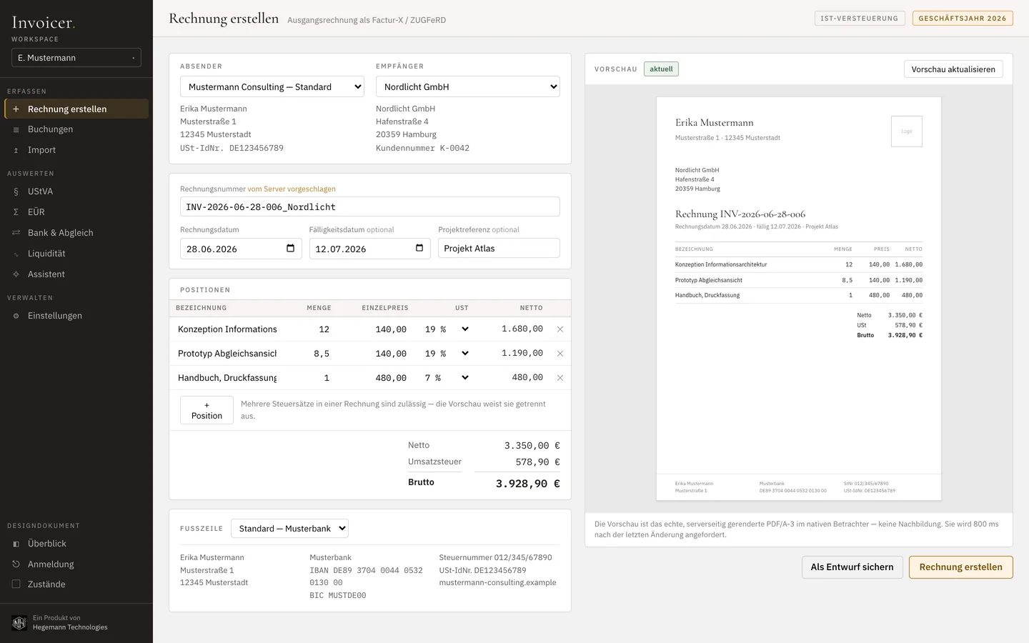 Rechnung erstellen: Positionen mit Steuersätzen links, live aufgebaute PDF-Vorschau rechts.