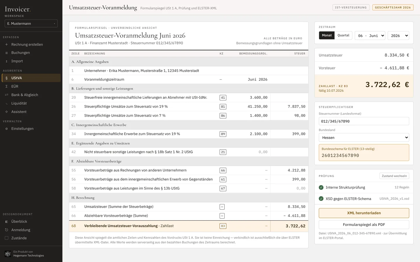 UStVA-Bildschirm: Formularspiegel des amtlichen Vordrucks USt 1 A mit Kennzahlen, XSD-Prüfung und ELSTER-XML-Export.